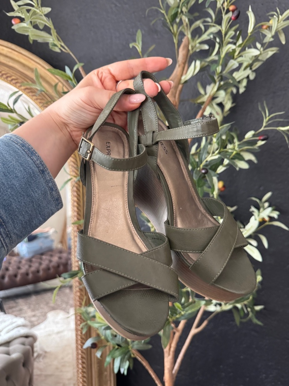 Express Olive Ankle-Strap Wedge Sandals